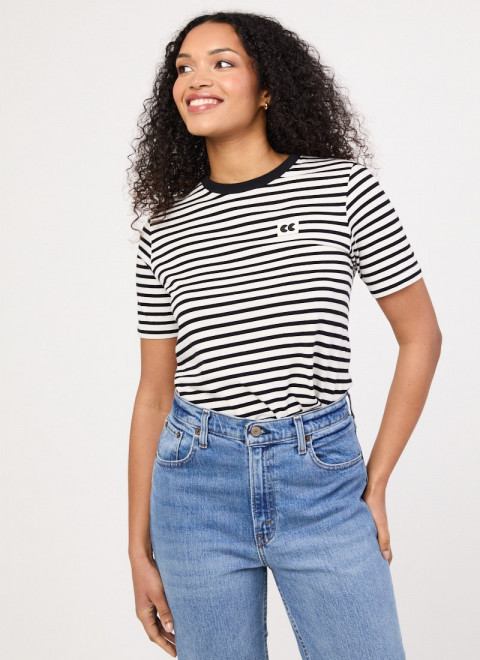 Community Clothing X Joanie - Belmondo Monochrome Stripe Tee - Model Front Blue Jeans