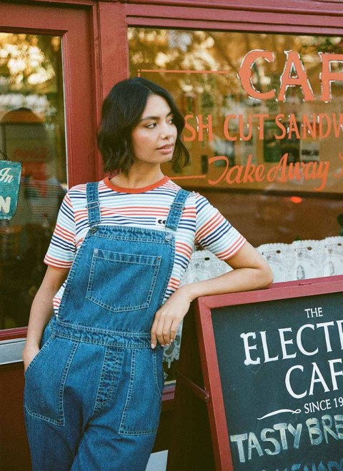 Community Clothing X Joanie - Belmondo Orange And Blue Stripe Tee - Model Front Size 10