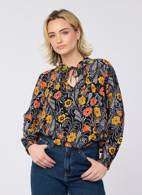 Millie Floral Print Tie Neck Blouse - Lafayette Wide Leg Corduroy Trousers - Navy - Model Front