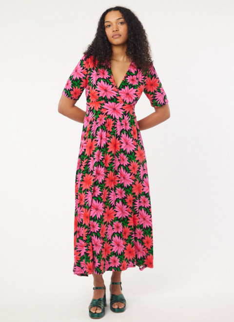 Thea Dahlia Floral Print Jersey Midaxi Dress - Model Front - Montpellier Metallic Leather Platform Sandals - Green
